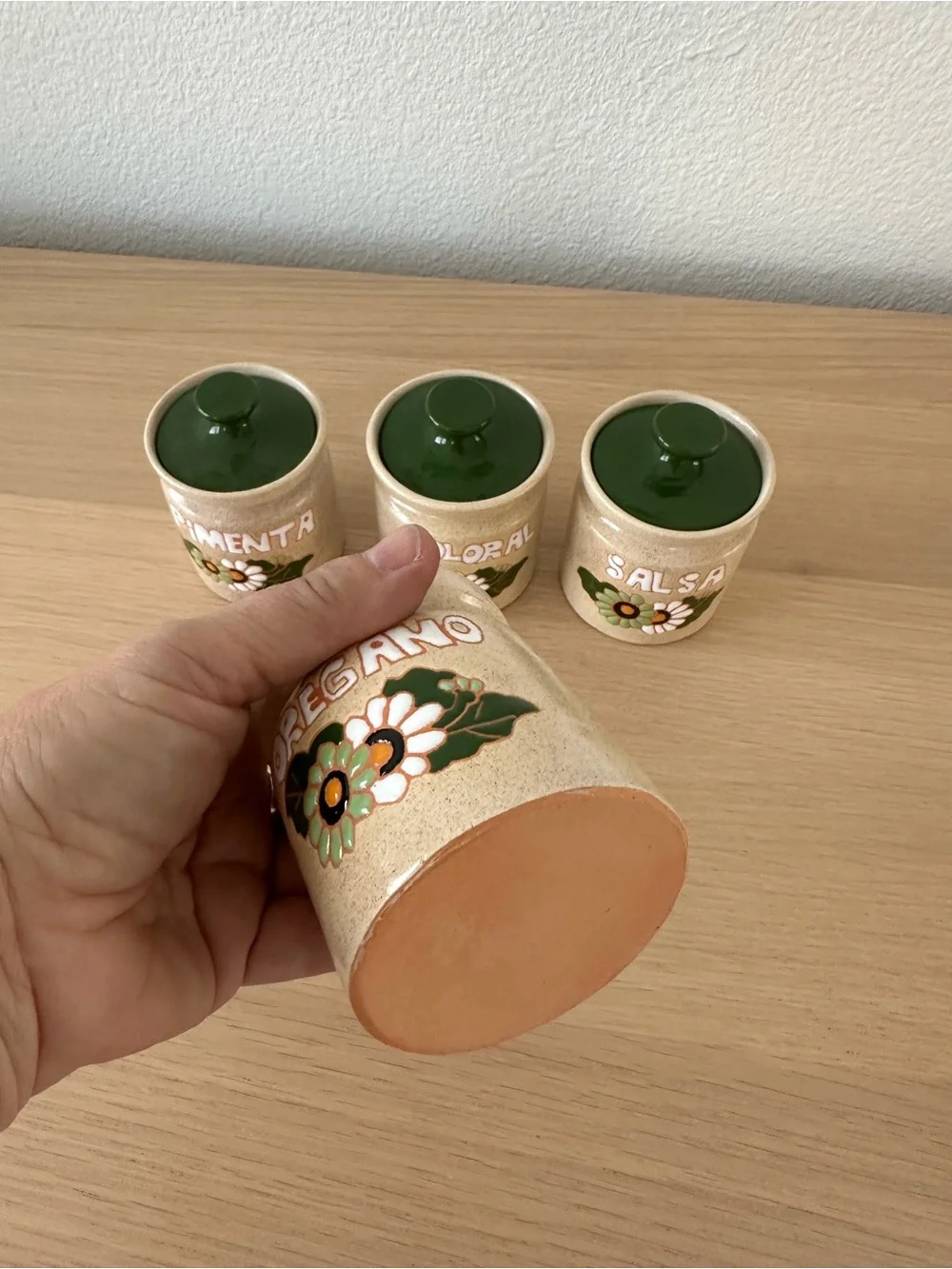 Set of 4 Vintage Ceramic Spice Jars with Green Lids